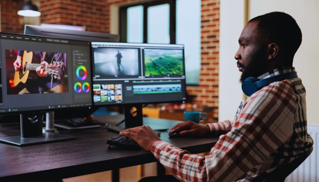 black male look at the screen 